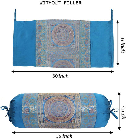 Ethnic Jacquard Brocade Silk Bolster Cushion Covers Cylindrical Hotdog Blue Yoga Massand Living Room Decorative Mandala Traditional Throw Pillowcase 76x38 cm - Set of 2 Pcs
