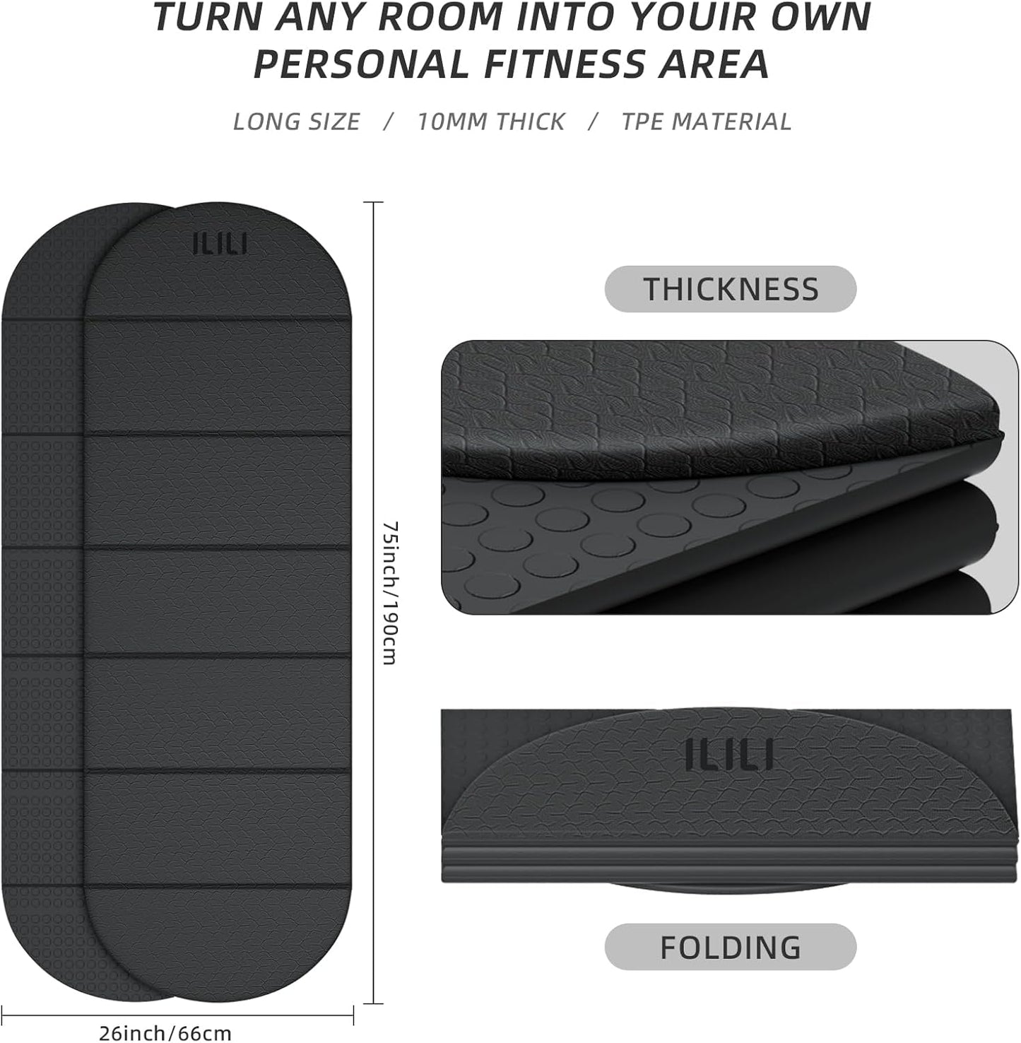 ILILI Foldable Yoga Mat-Semicircular, 10mm Thick, TPE Material, Extra Long 75"L x 26"W, Soft and Comfortable Folding Oval Mat 0.4 Inches, Easy to Carry and Store, 190*66cm Portable Multi-Functional Use for Yoga, Home Exercise & Outdoor