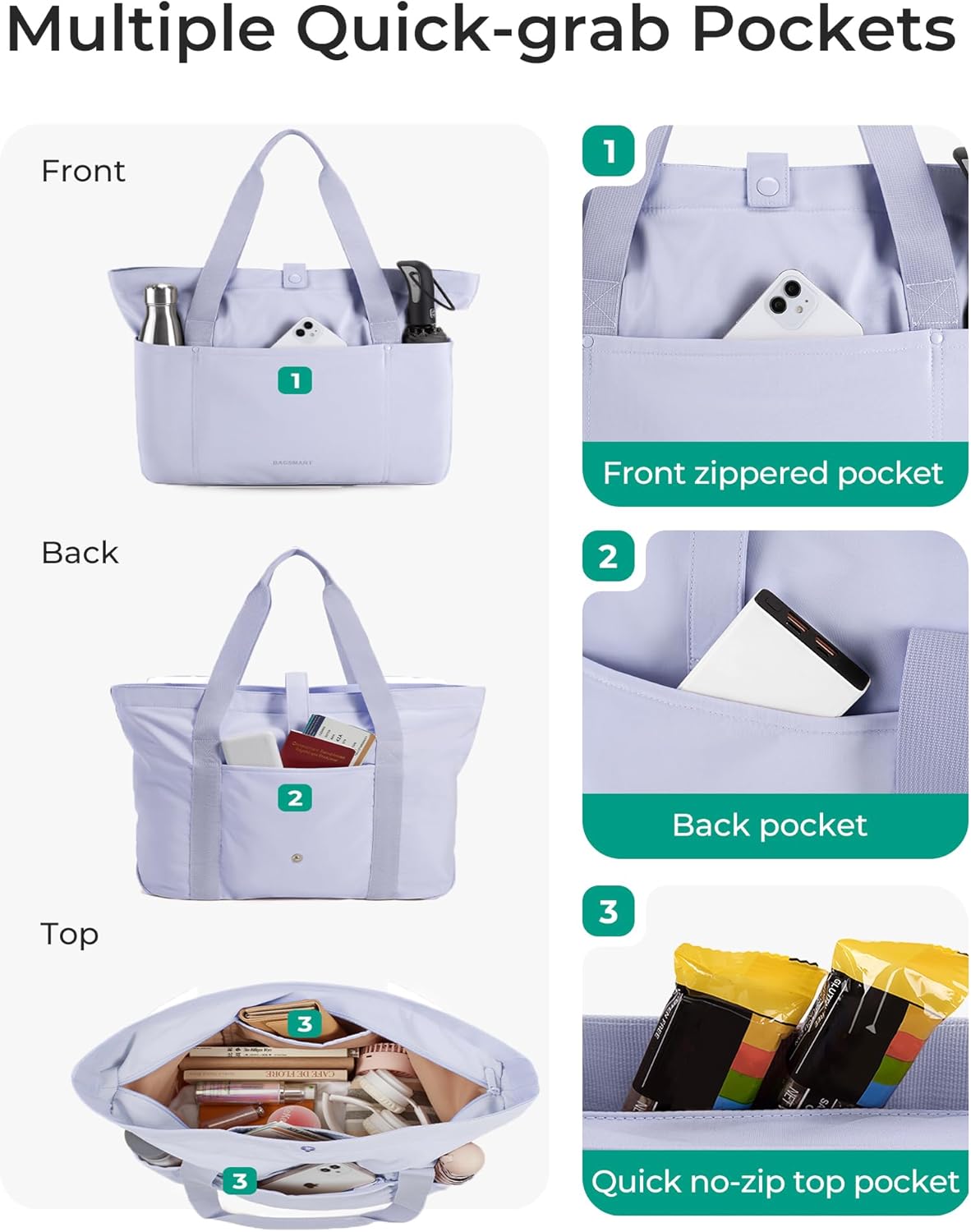 BAGSMART Tote Bag for Women, Foldable Tote Bag With Zipper Travel Shoulder Bag Handbag for Work