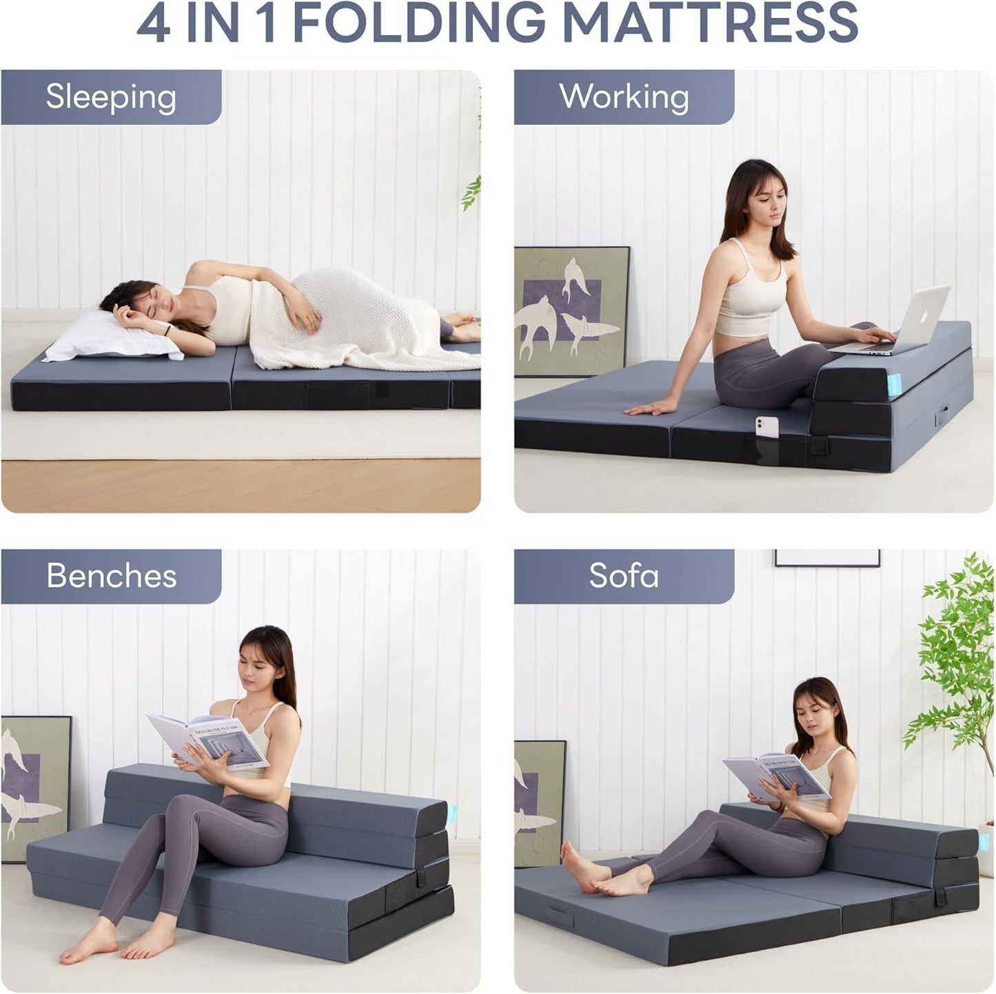 LIKIMIO Folding Mattress Queen, High Density Foam Mattress with Breathable and Washable Cover & Storage Bag, 4 Inch Foldable Mat Topper for Camping, RV and Yoga, Handle Design, Blue