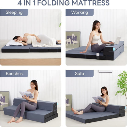 LIKIMIO Folding Mattress Queen, High Density Foam Mattress with Breathable and Washable Cover & Storage Bag, 4 Inch Foldable Mat Topper for Camping, RV and Yoga, Handle Design, Blue