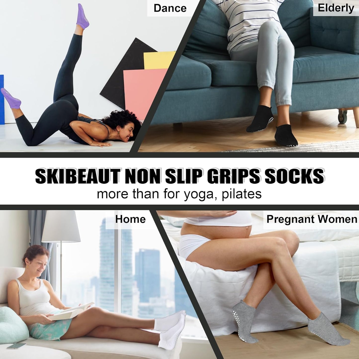 SkiBeaut Grips Non Slip Socks for Women, 4 Pairs Yoga Pilates Anti Skid Woman Hospital Gripper Socks (5-12)