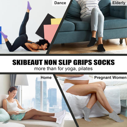 SkiBeaut Grips Non Slip Socks for Women, 4 Pairs Yoga Pilates Anti Skid Woman Hospital Gripper Socks (5-12)