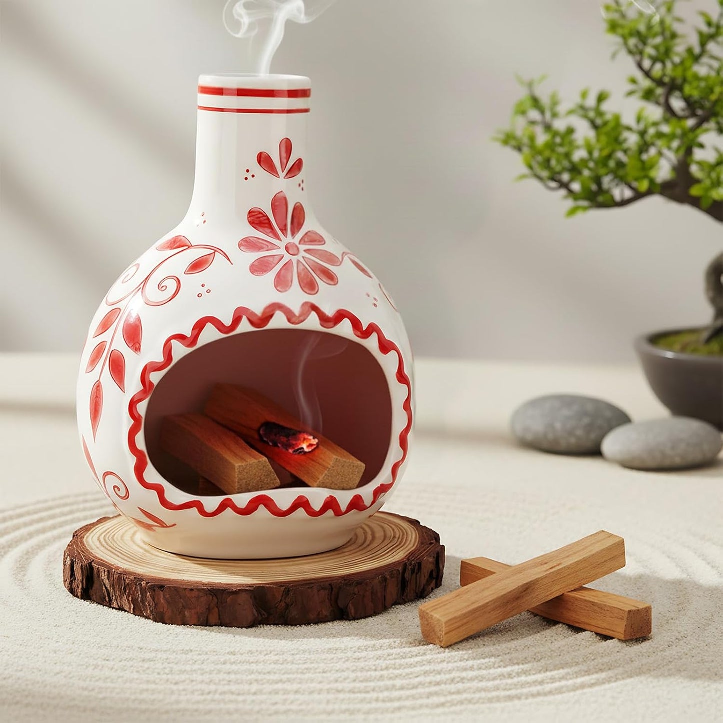 Ceramic Incense Holder–Handcrafted Palo Santo Holder with Chimney, Incense Burner with Ash Catcher for Sage, Cone Burning and Tealight, Perfect for Meditation, Yoga and Aromatherapy for Women
