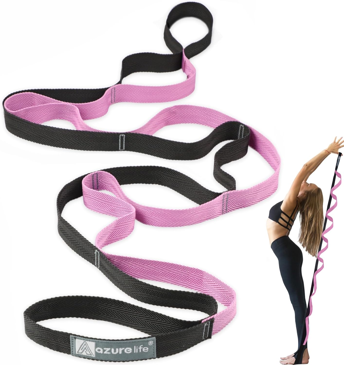 A AZURELIFE Premium Durable Stretch Straps with Loops, Stretching Strap for Physical Therapy, Multi-Loop Yoga Strap Fitness Exercise Strap for Yoga, Pilates, Dance, Flexibility&Exercise