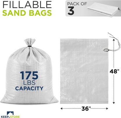 Heavy Duty Sand Bags Pack of 3, White Empty Sandbags with Built-In Ties, Woven Polypropylene UV Protection 1600 Hours, Fillable Sand Bags for Flood Control, Weight, 10x14 inches, 15 Pounds Volume