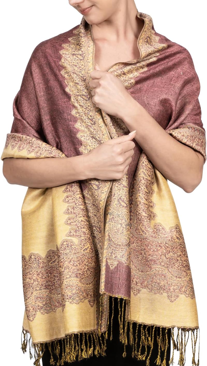 Achillea Reversible Paisley Pashmina Rave Scarf – Exotic Indian Shawls and Wraps for Evening Dresses, Festivals, All Seasons - Colors A