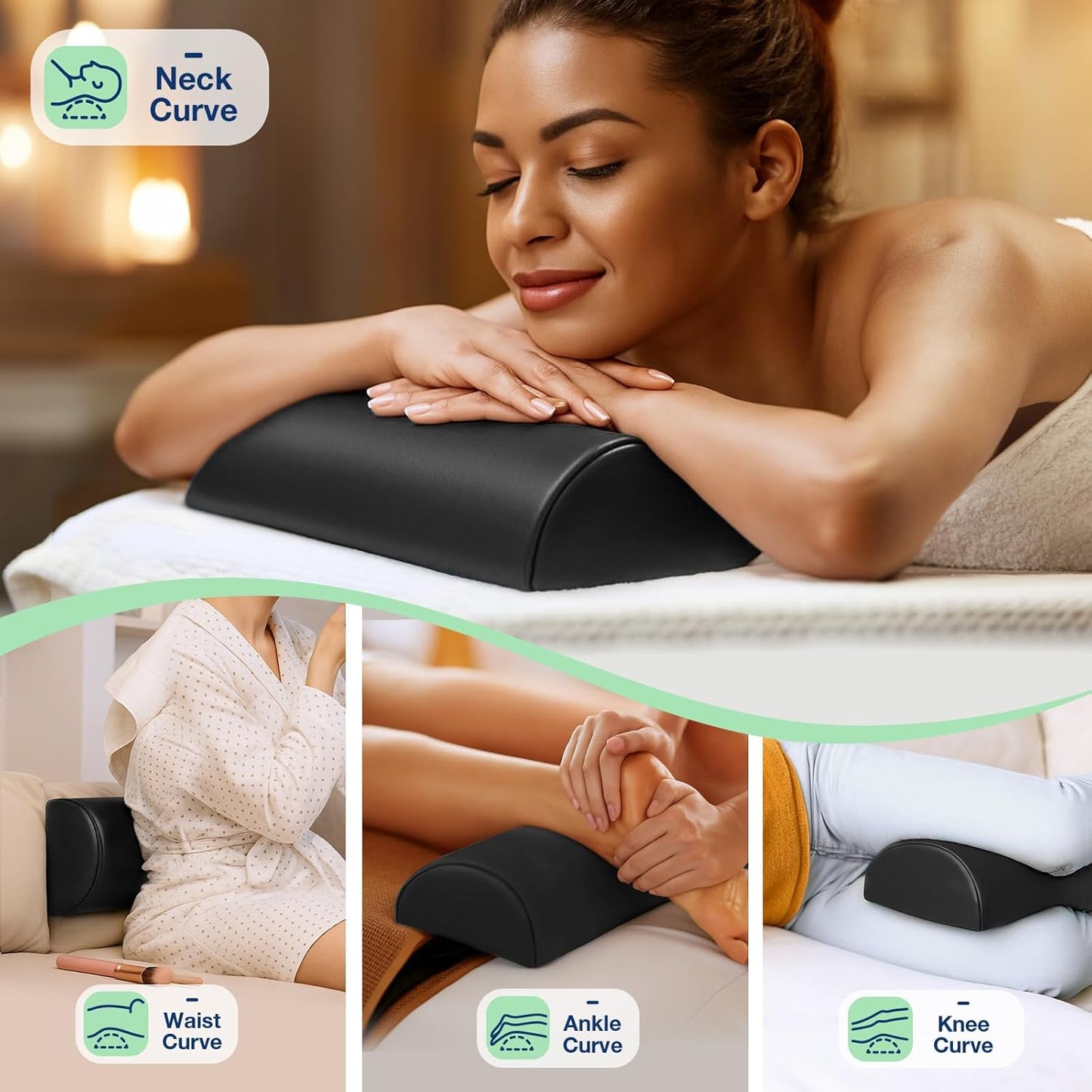 Half Round Massage Bolster for Neckrest, 17 x 6 x 4 in PU Leather Neck Pillow with Strap Handle, Comfortable Half Moon Bolster Pillow for Legs Under Knees Back Pain Relief Massage Table Bolsters, Blue