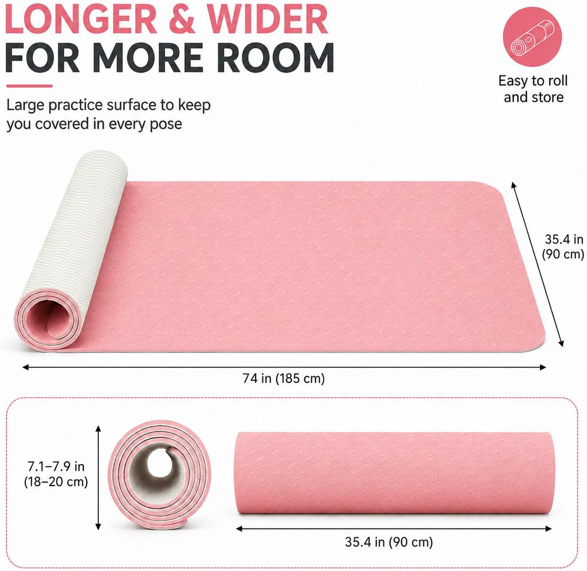 Thick TPE Yoga Mat, Non-Slip Eco-Friendly Exercise Mat with Carrying Strap for Yoga, Pilates and Home Workouts, Standard and Extra Wide Options