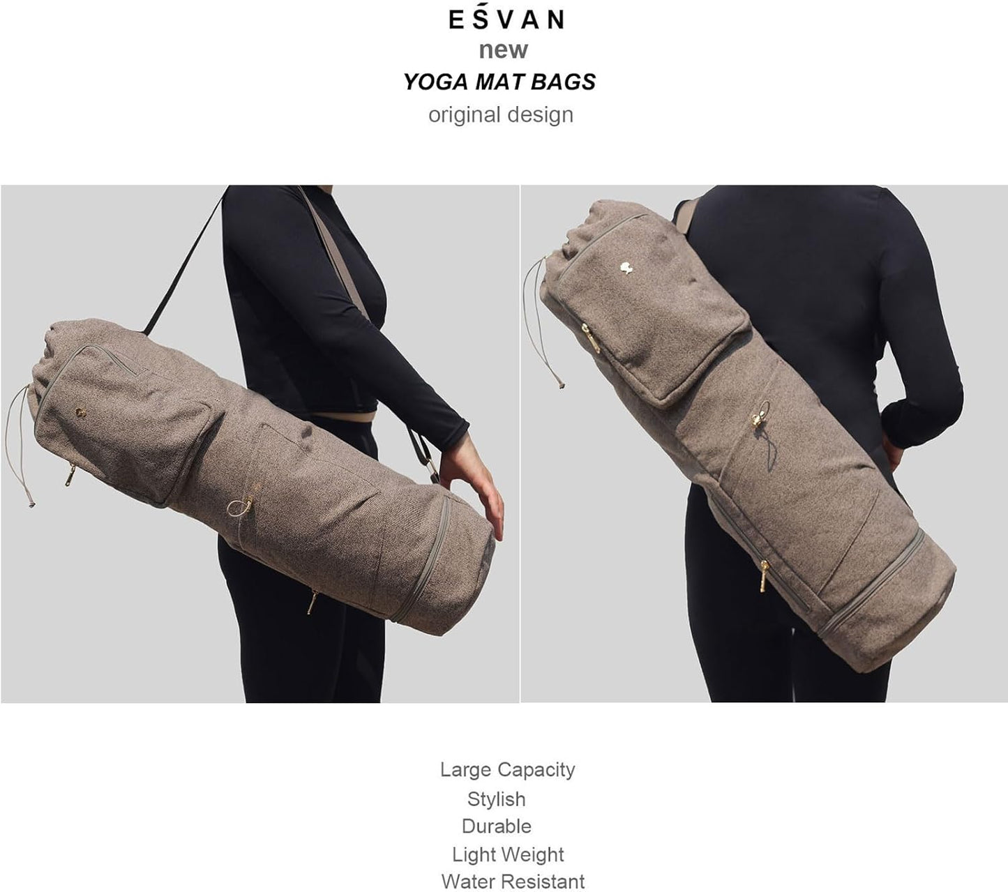ESVAN Yoga Mat Bag with Multi Pockets Drawstring Yoga Mat Carrier Pilates Exercise Multi-Functional Storage Bag