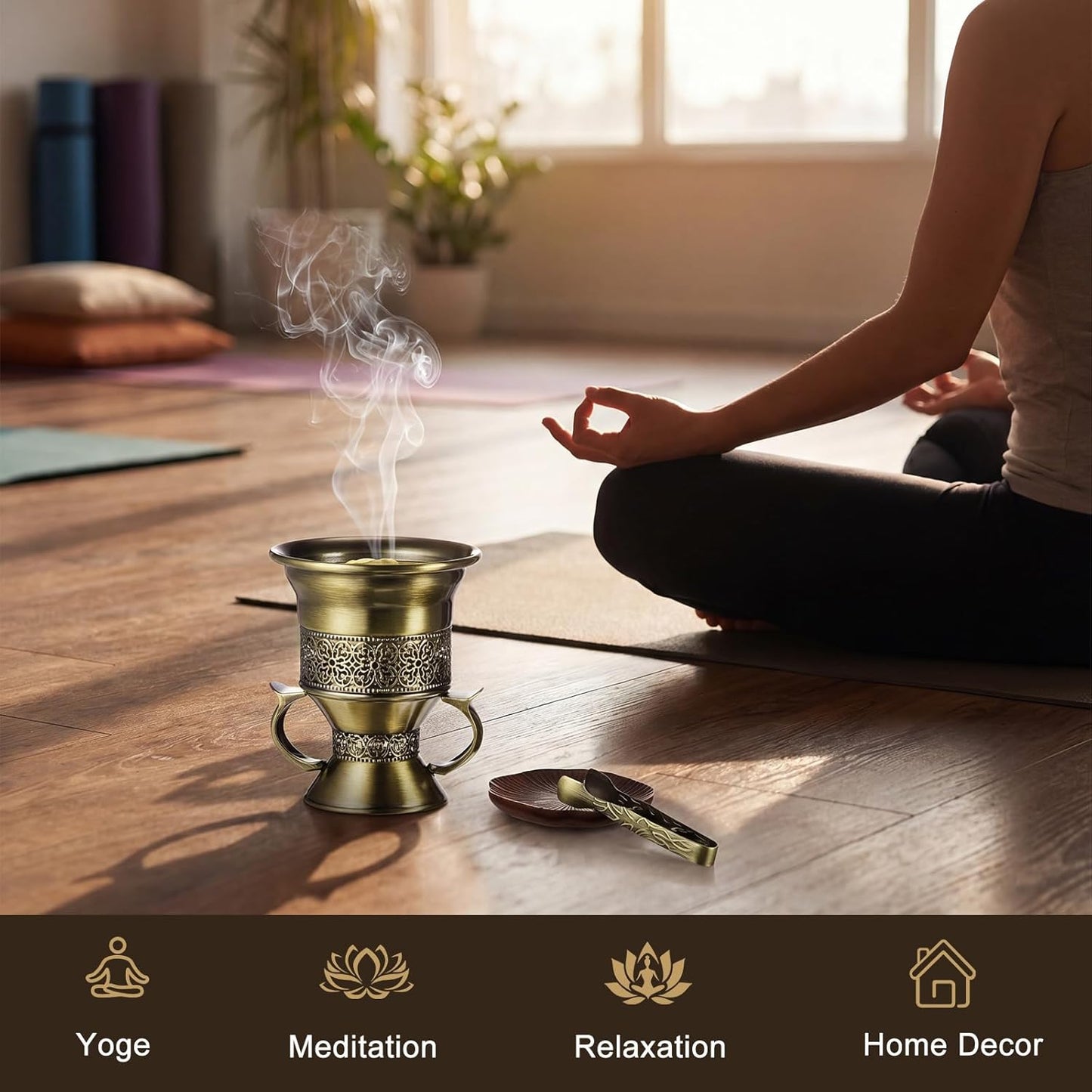 Zonon 1 Set Incense Burner with Tong, Frankincense Charcoal Incense Stand Holder, Ideal for Yoga, Spa, Aromatherapy, Home and Christian Church Censer (Gold,Retro)