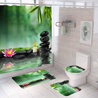 4PCS Spa Zen Shower Curtain Sets with Rugs, White Shower Curtain, Pink Floral Orchid Lotus Water Lily Stone Bamboo Water Reflection Yoga Massage Relaxing Spiritual Meditation Bathroom Decor