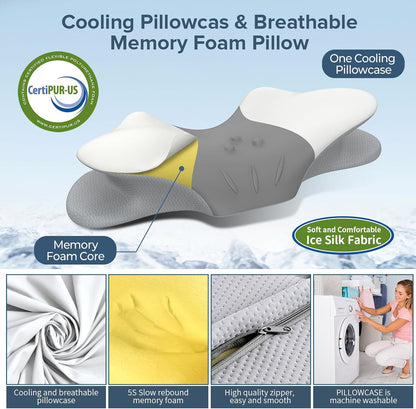 beslovo Cervical Neck Pillow for Pain Relief, Ergonomic Side Sleeper Pillow, Orthopedic Neck Support Contour Memory Foam Pillow for Side Back Stomach Sleepers, Ideal for Office Travel (Grey&White)