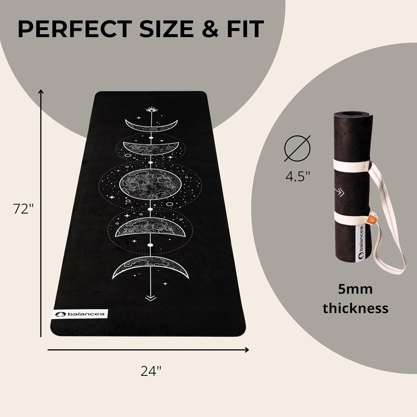 Yoga Mat With Strap 5mm Non Slip Suede & TPE - Eco-Friendly Fitness & Exercise Mat for Home Gym, Pilates, Hot Yoga, and Meditation - Lightweight Durable 72 x 24 inch Workout Mat for Women, Men