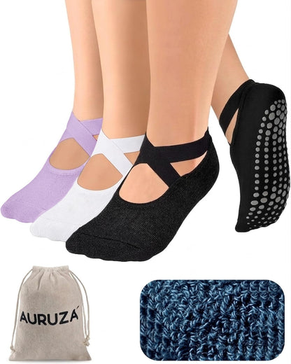 AURUZA Pilates Grip Socks for Women Non Slip Skid Yoga Socks with Grips Straps for Ballet Dance Workout Gripper Sock