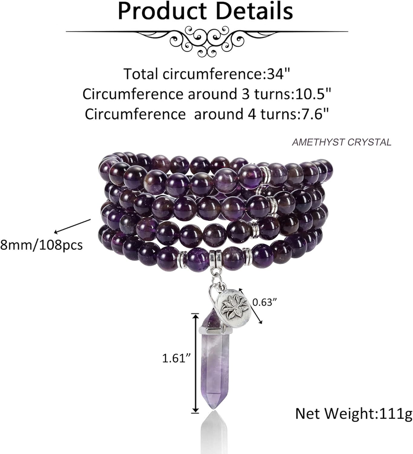 Jovivi 108 Mala Beads Bracelet 8mm Natural Amethyst Rose Quartz Healing Crystal Stone Mala Prayer Bead Necklace Hexagonal Prism Gemstone Reiki Pointed Pendant for Yoga Meditation Energy Balancing