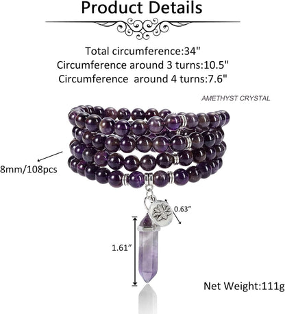 Jovivi 108 Mala Beads Bracelet 8mm Natural Amethyst Rose Quartz Healing Crystal Stone Mala Prayer Bead Necklace Hexagonal Prism Gemstone Reiki Pointed Pendant for Yoga Meditation Energy Balancing