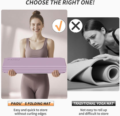 PAIDU Foldable Fitness Yoga Mat | 2/5" (10MM) Extra Thick | SGS Certified Non-Slip TPE | 76x26" Extra Long-Wide | Portable & Easy Store | for Yoga, Pilates, Home Gym & Full-Body Workouts(purple+grey)