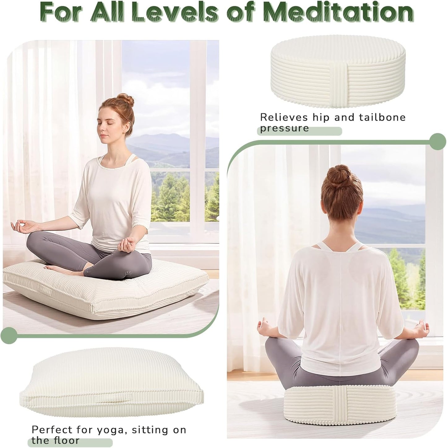Meditation Cushion Set, Large Meditation Pillow with Ergonomic Support Prayer Pad, Modern Zafu & Zabuton Set to Mindfulness, Yoga, Removable Corduroy Cover, Green, 32in