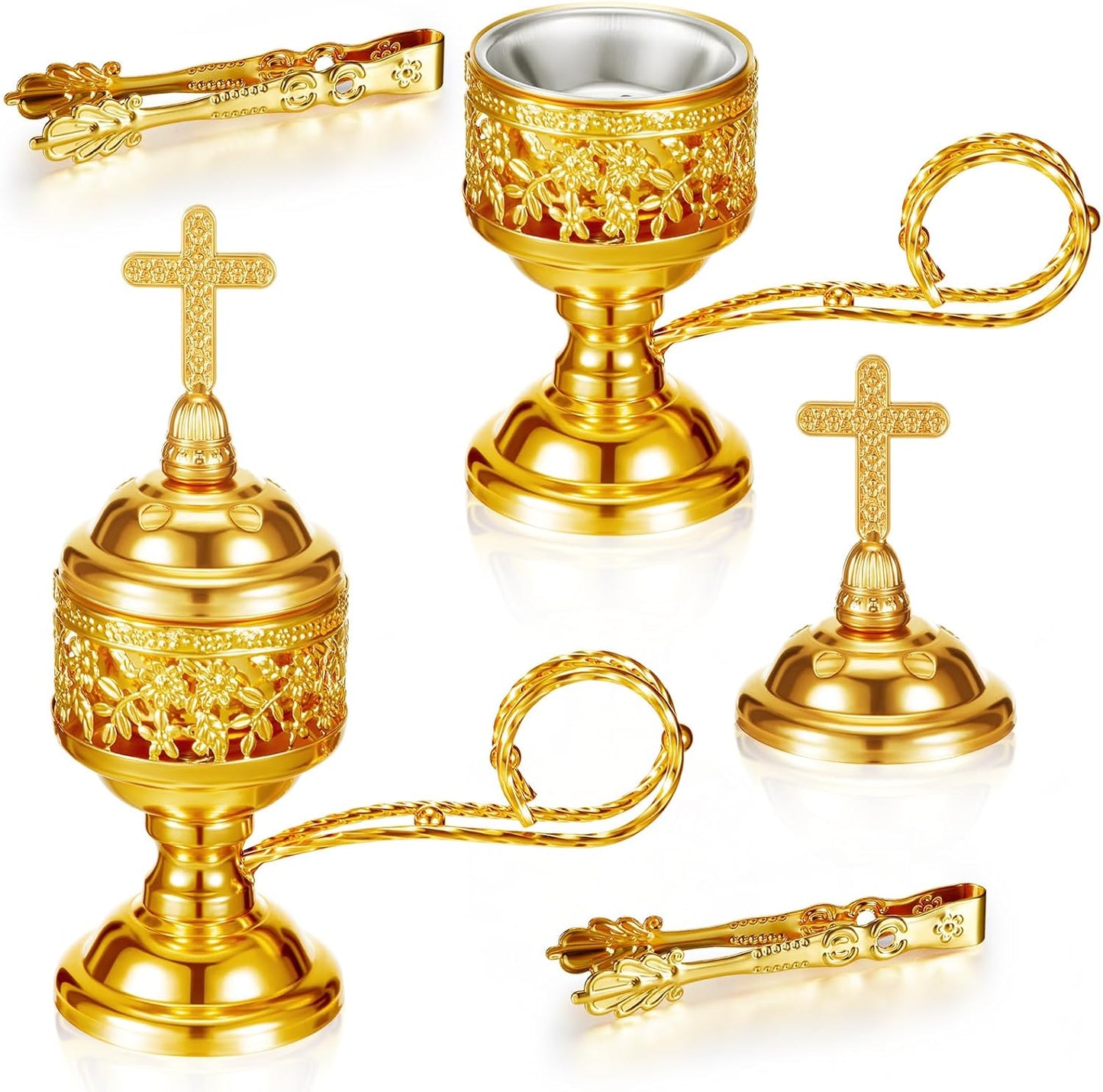 Zonon 1 Set Incense Burner with Tong, Frankincense Charcoal Incense Stand Holder, Ideal for Yoga, Spa, Aromatherapy, Home and Christian Church Censer (Gold,Retro)