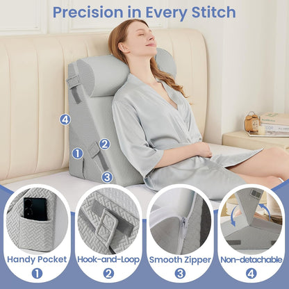 Sasttie Wedge Pillow Set for After Surgery, 2PCS Adjustable Bed Wedge Pillow Headboard with Memory Foam Neck Cushion – for Acid Reflux, Sleeping, Neck & Back Support, Dark Grey