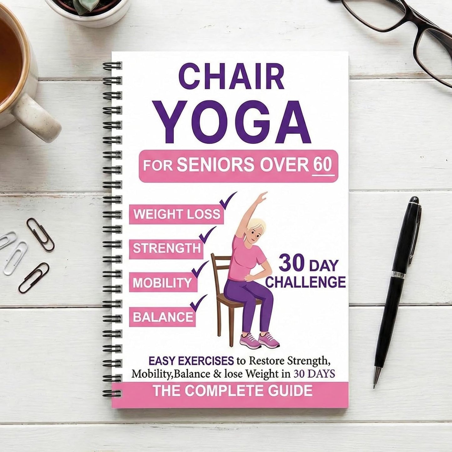 Chair Yoga for Seniors Over 60, 30-Day Challenge Gentle Seated Yoga Exercises Guidebook, Step-by-Step Fitness Planners Instructions Books for Seniors Beginners – 8.2″ x 5.5″ Pink Yoga Book