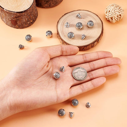 Pandahall 10Sets/20pcs Tibetan Silver Guru Bead Prayer Beads Charms Sets 3-Hole Round & Calabash Buddha Head Beads Cap Antique Silver Mala Jewelry Making