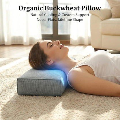 Adjustable Buckwheat Hull Pillow for Neck Pain Relief (21x8x4in) Natural Cooling Cervical Support Organic Pillow for Side & Back Sleepers with Night Sweats (Grey)