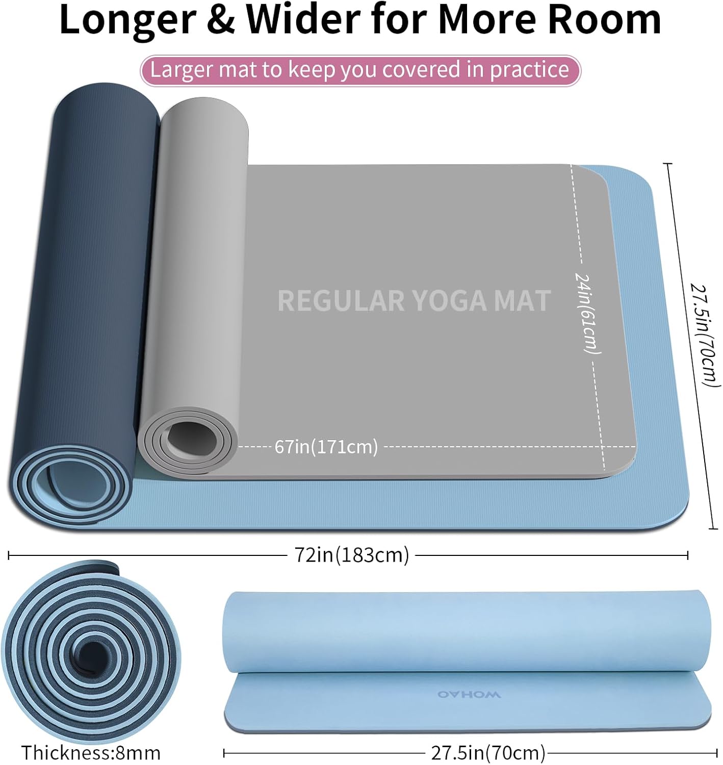 Extra Thick 8mm Yoga Mat, 72"x28" Non Slip Exercise Mat, Reversible 2-Sided Dual Color Premium POE Material, with Carrying Strap for Yoga, Pilates, Home Gym