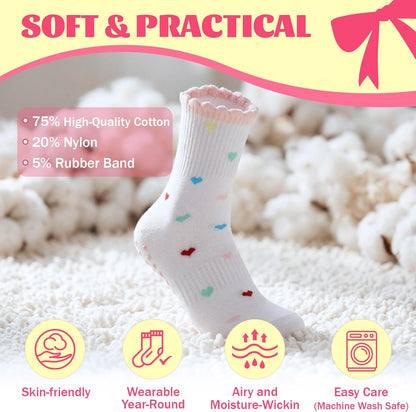 6 Pairs Women‘s Cute Pilates Socks with Grips - Non Slip Ruffle Yoga Sock, Breathable Cotton Grippy Crew Socks for Barre, Ballet, Yoga & Home Workouts