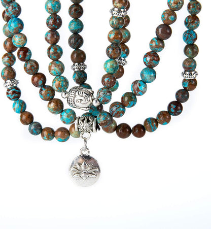 Bivei 108 Mala Beads Necklace Long Beaded Wrap Bracelets Genuine Gemstone Mala Prayer Beads Lotus Buddha Charm Yoga Meditation Necklace