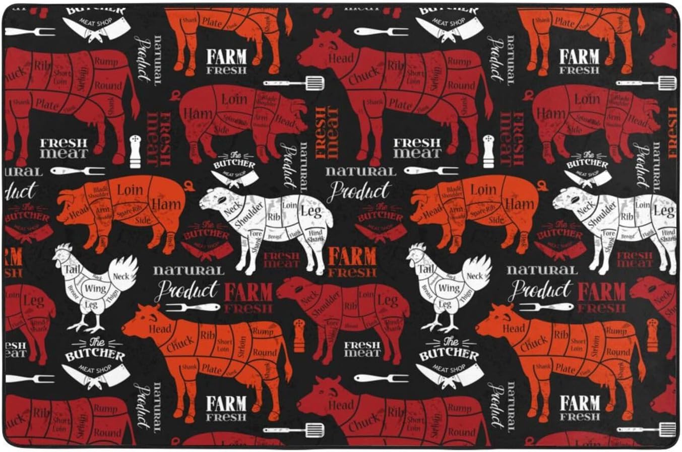 Meat Cuts Diagrams for Butcher Shop Super Soft Flannel Area Rug - Multi-Use Floor Mat for Bedroom, Yoga Corner & Play Spaces