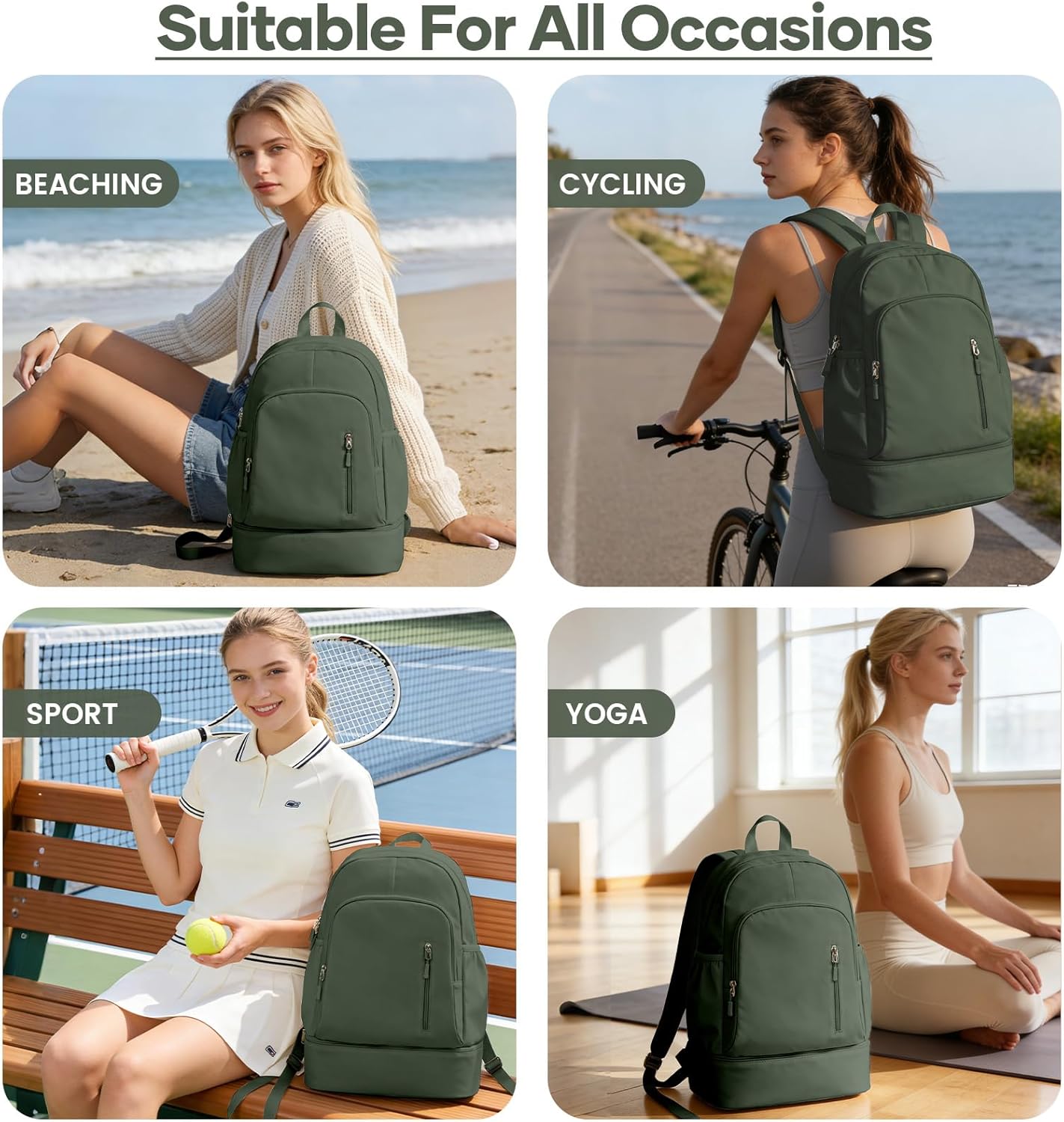 Gym Backpack for Women Men, Dance Backpacks With Shoe Compartment, Sports Back pack For Yoga Fitness Beach Hiking Sports(Green)