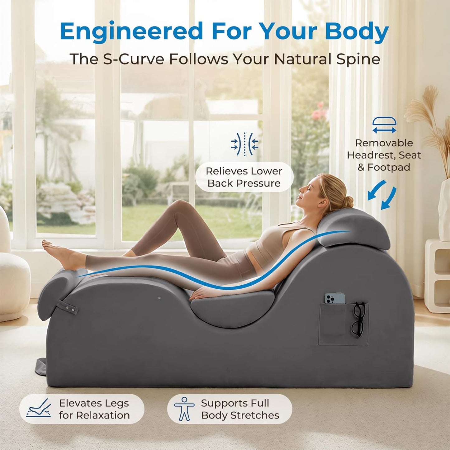 Mjkone Velvet Yoga Chair, Yoga Chaise Lounge Chair Indoor with Side Pockets, Headrest, Waist Cushion, Movable Footrest, Curved Sofa Chair for Relaxation Stretching for Bedroom, Black