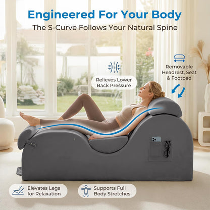Mjkone Velvet Yoga Chair, Yoga Chaise Lounge Chair Indoor with Side Pockets, Headrest, Waist Cushion, Movable Footrest, Curved Sofa Chair for Relaxation Stretching for Bedroom, Black