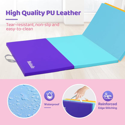 Matladin Folding Gymnastics Mat for Kids, 6'x3'x1"/8'x3'x1" PU Leather Gym Exercise Mats for Tumbling, Cheer, Yoga, Fitness, Pilates and Martial Art