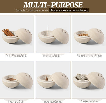 Natural Travertine Incense Burner – 4” Handmade Stone Incense Cone Holder, Minimalist Sphere Incense Burner for Home Decor, Meditation, Yoga, Spa, Relaxation (Beige)
