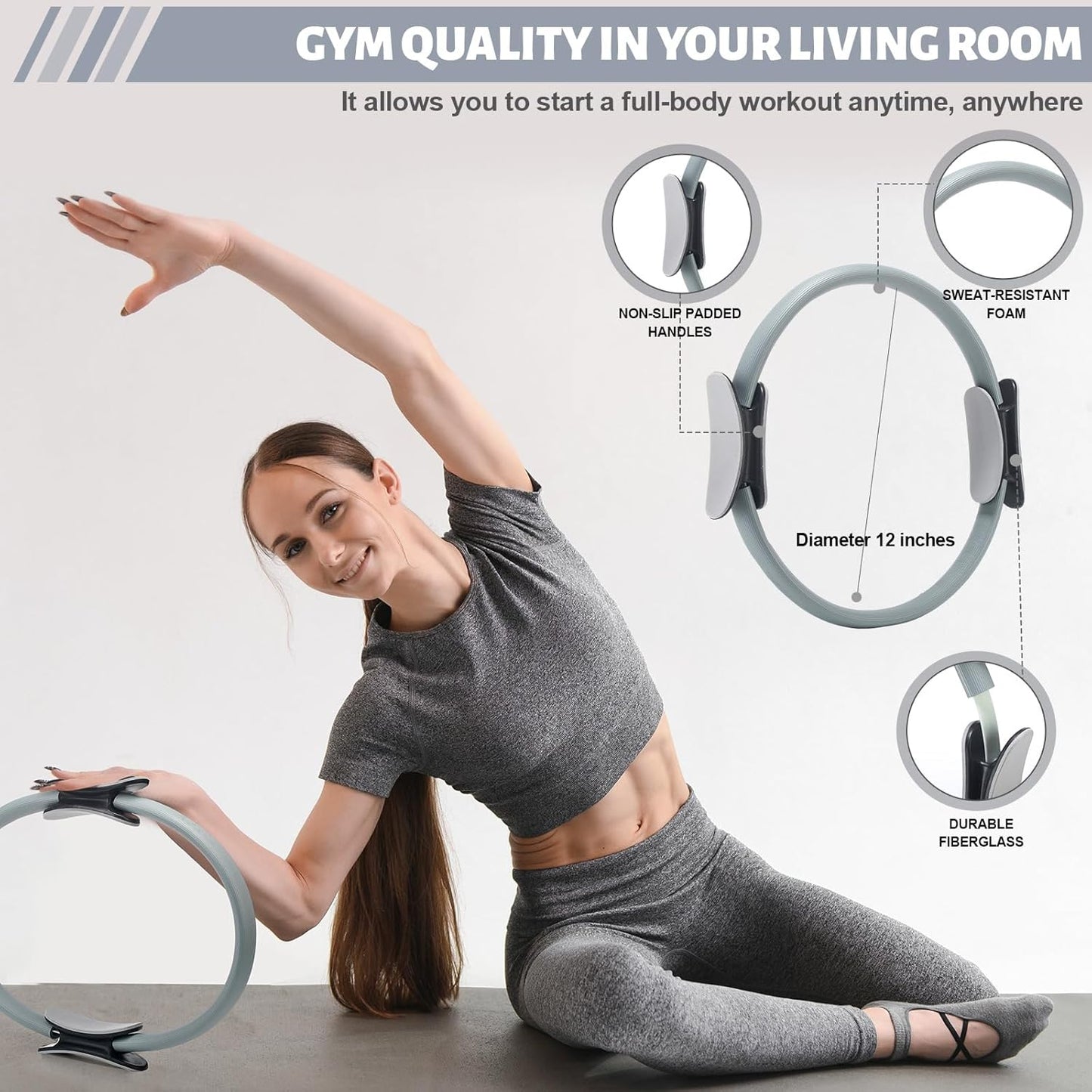 RoundFunny Pilates Ring Circle Set 18 Pcs Exercise Equipment Accessories for Women Workouts Pilates Ball Stretching Strap Magic Circle Yoga Ring Gym Back Bag Resistance Band Anti Slip Socks