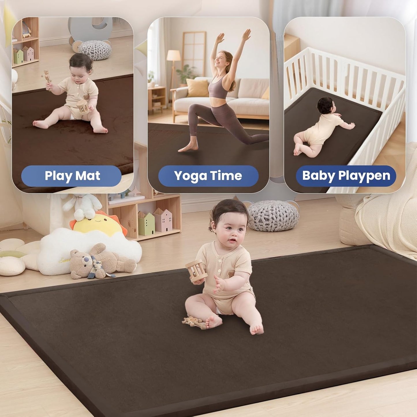 Baby Play Mat for Floor,1.3" Thick Memory Foam Tummy Time Mat,Soft Coral Velvet Nursery Rug,Large Non Slip for Crawling,Toddlers,Infants,Kids,Yoga & Tatami Style for Living Room(Dark Gray)