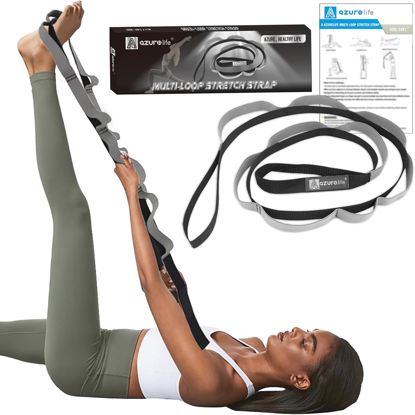 A AZURELIFE Half-Elastic Stretch Straps with 11 Loops, Stretching Strap for Physical Therapy, Multi-Loop Yoga Strap Fitness Exercise Strap for Yoga, Pilates, Dance, Flexibility&Exercise