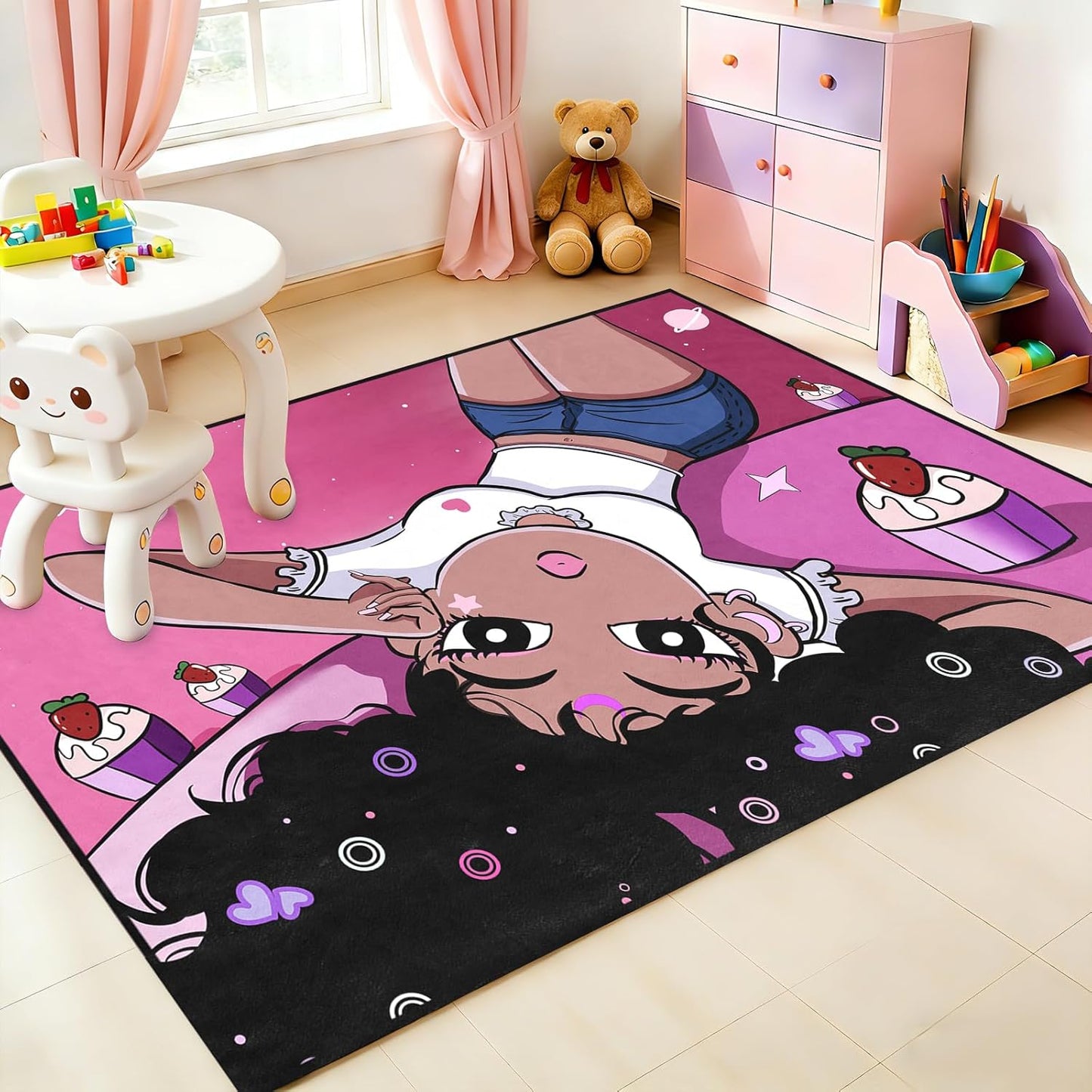 Black Girl Area Rug for Bedroom African Black Girls Floor Rugs for Living Room Playroom Cartoon Art Home Decor Soft Yoga Mats for Women Afro Purple 47" x 31" (2.7 x 3 Feet)