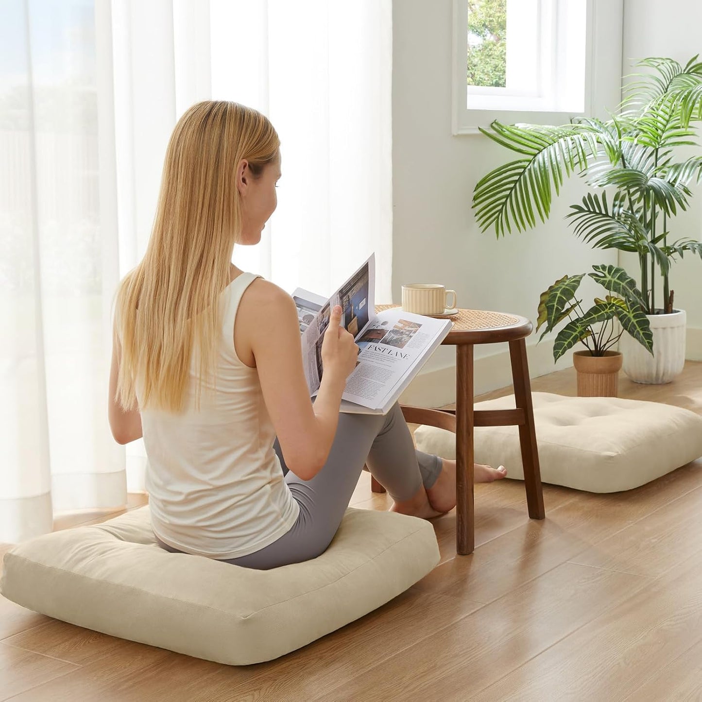 Meditation Floor Pillow Set of 1, Square Large Pillows Seating for Adults, Meditation Cushion Pillow,Tufted Corduroy Cushion for Tatami Living Room or Yoga, Light Gray, 22x22 Inch