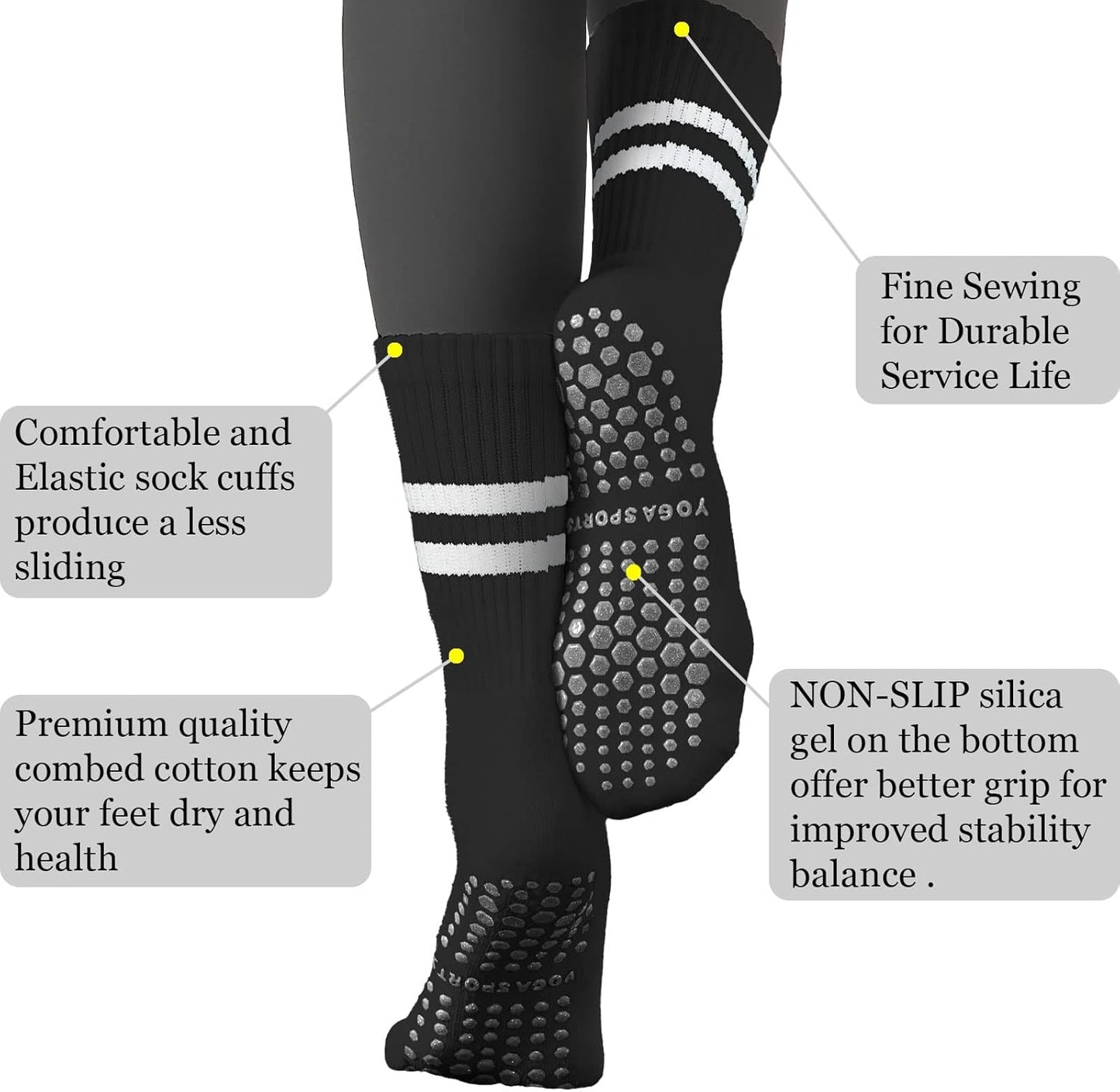 Flydo Pilates Grippy Socks with Grips for Women Yoga Non Slip Long Socks for Pure Barre, Ballet,Dance Workout 2-5 Pack