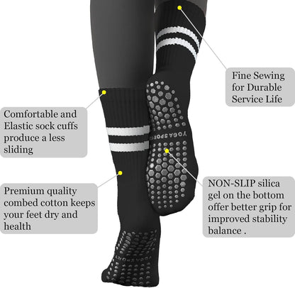 Flydo Pilates Grippy Socks with Grips for Women Yoga Non Slip Long Socks for Pure Barre, Ballet,Dance Workout 2-5 Pack