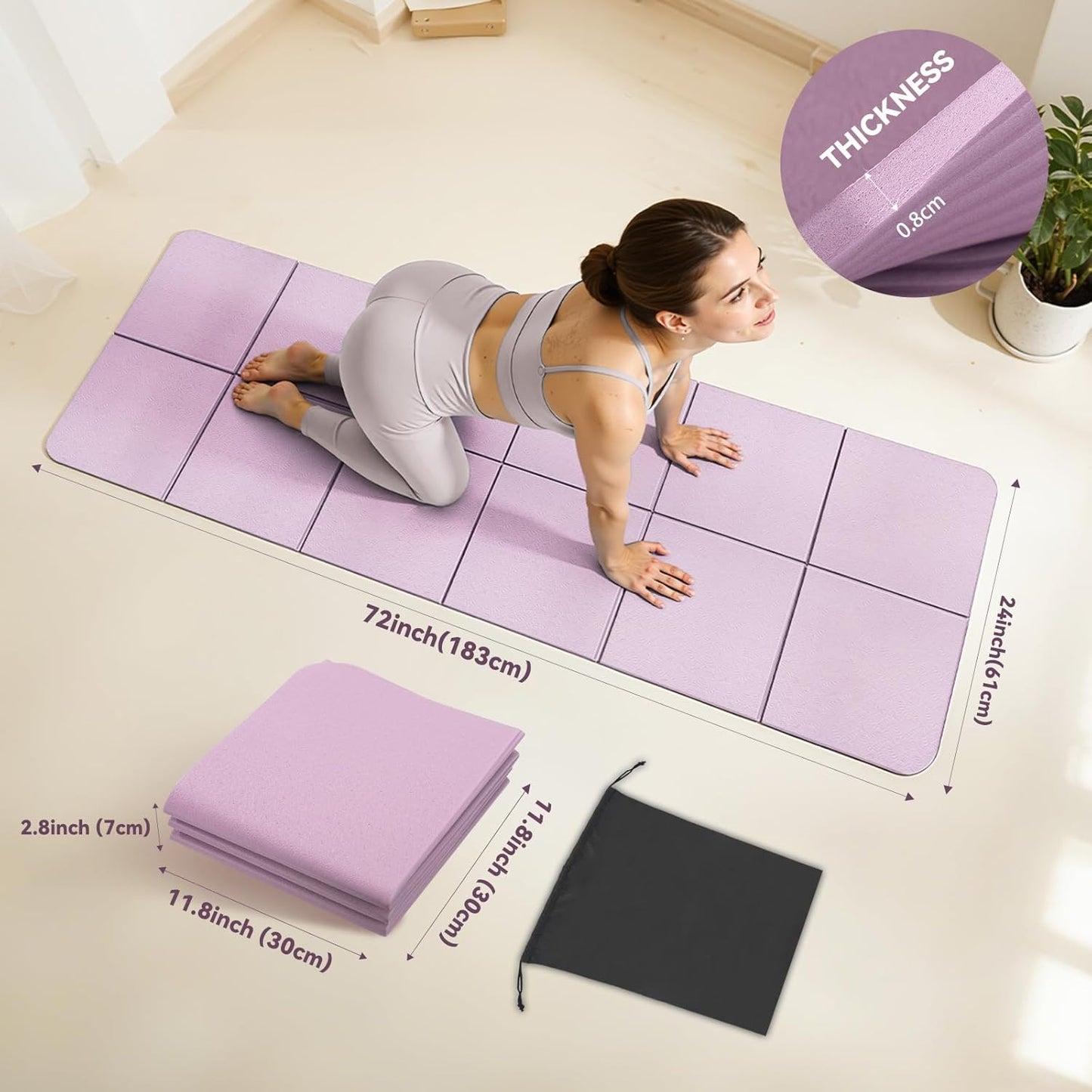 Foldable Yoga Mat Thick Non-Slip Exercise Mat - Packable Travel Fitness Mat with Carrying Bag for Yoga, Pilates, Workout, Home & Gym