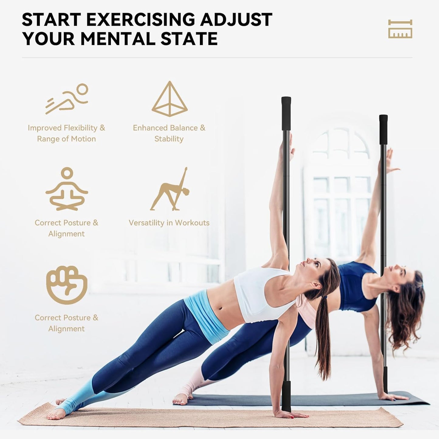 Krightlink Yoga Stick 5ft Adjustable Stretching Stick, Versatile Exercise Stick Non-Slip Ends and Sponge Handles for Fitness, Flexibility and Balance, Posture Correction - Black