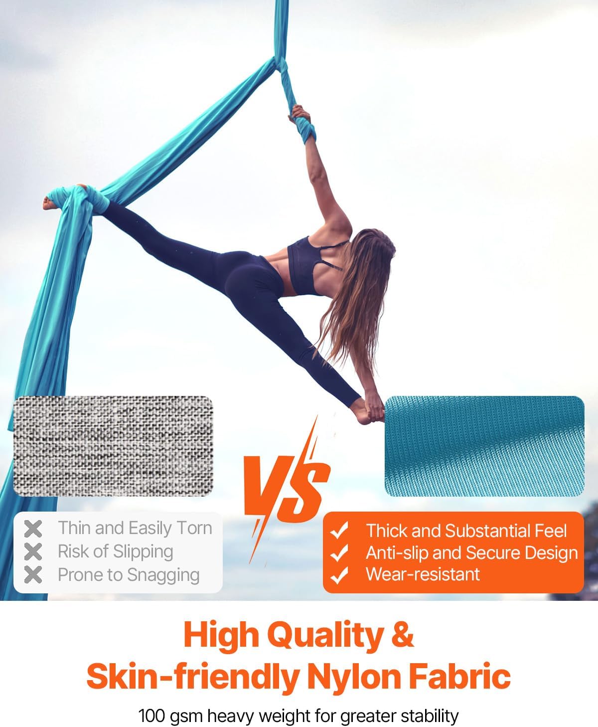 VEVOR Aerial Silk & Yoga Swing, Aerial Yoga Hammock Kit with 100gsm Nylon Fabric, Full Rigging Hardware & Easy Set-up Guide, Antigravity Flying for All Levels Fitness Bodybuilding