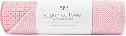 S&T INC. Aura Yoga Mat Towel with Non-Slip Grip, Enhanced Silicone Grip, Soft and Absorbent for Gym, Pilates, and Hot Yoga Mat, 2 Pack, 24 inches x 72 inches, 340GSM, Pink