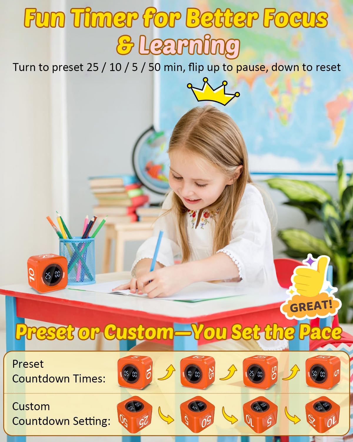 Digital Pomodoro Timer Cube 5/10/25/50min, Visual Productivity Flip Timer for Kids Classroom Desk, Custom Countdown, Silent and Sound Mode for ADHD Study Work Game Kitchen (Black)