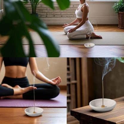 Koville Natural Marble Incense Holder, Incense Holder for Sticks with 9 Holes, Handmade Incense Burner Ash Catcher for Meditation Yoga SPA, Balsam Fir/Palo Santo/Sage/Cone (RoyalBeige)